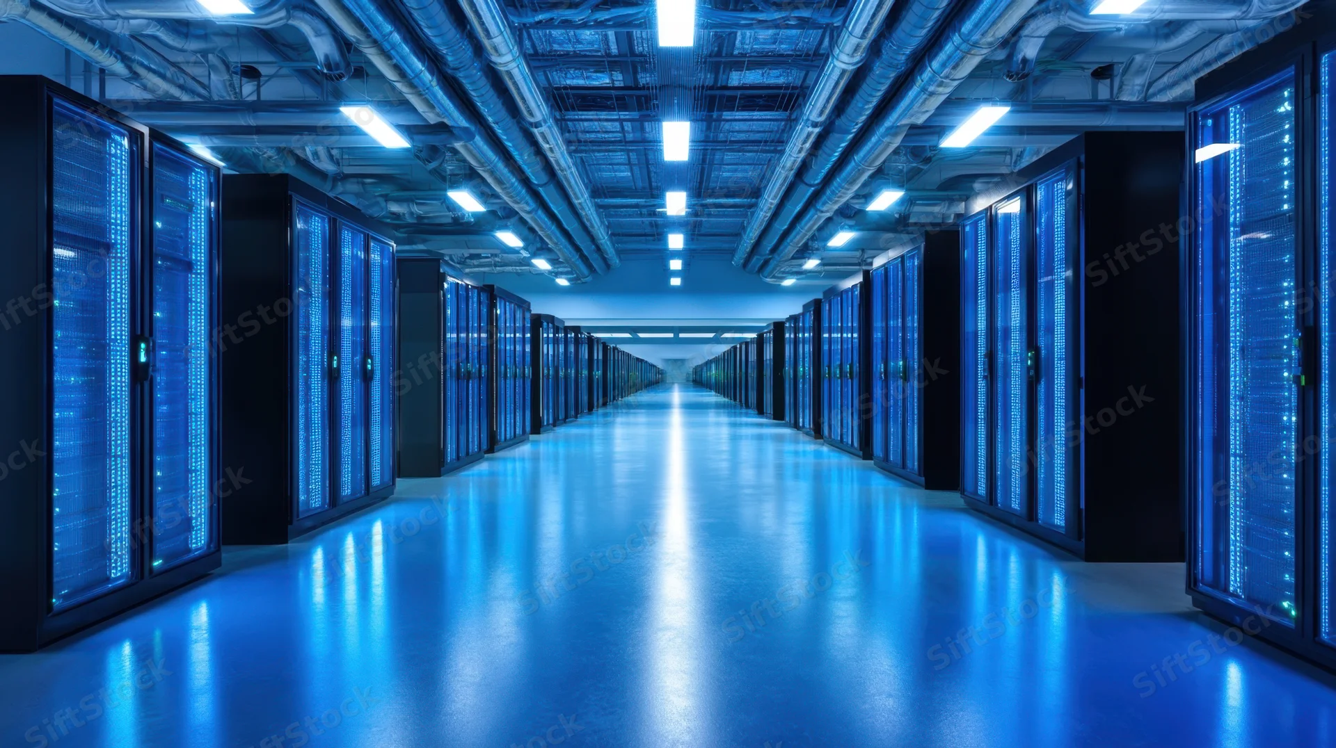 Long aisle between rows of server racks in a modern datacenter with blue lighting and reflective floor