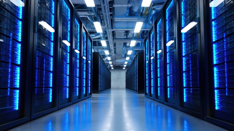 Rows of illuminated server racks in a modern datacenter corridor