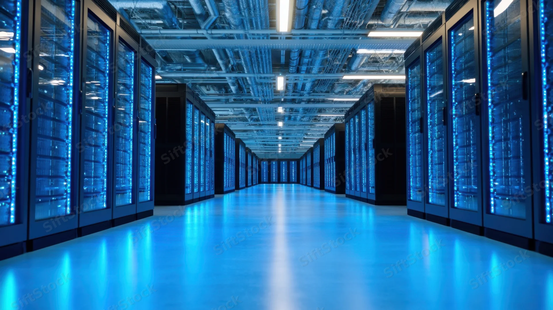 Rows of server racks with blue lights in a modern datacenter aisle