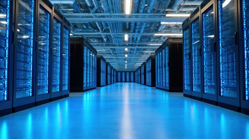 Rows of server racks with blue lights in a modern datacenter aisle