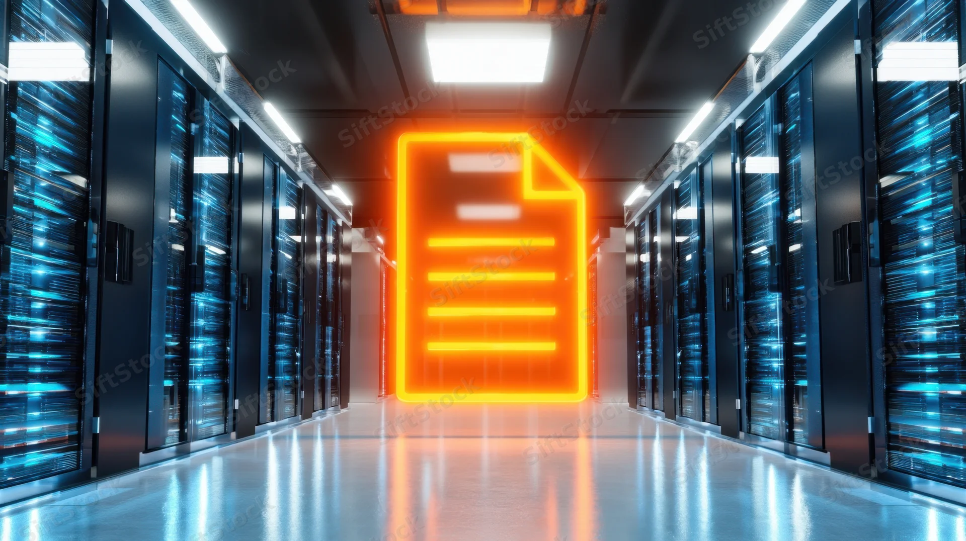 Glowing neon file icon in a modern datacenter server aisle