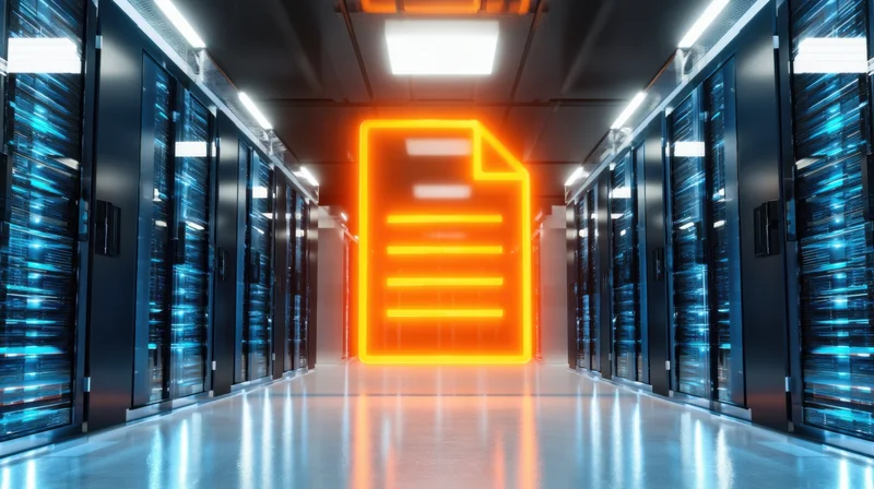 Glowing neon file icon in a modern datacenter server aisle