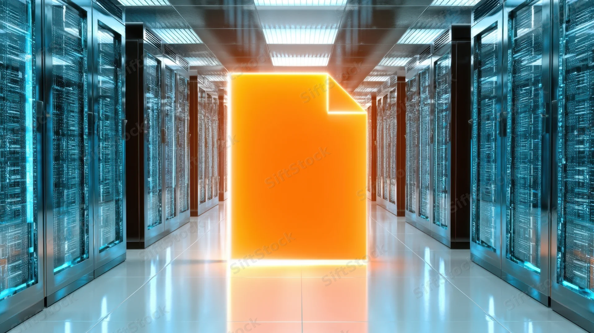 Glowing orange file icon in a modern datacenter server corridor
