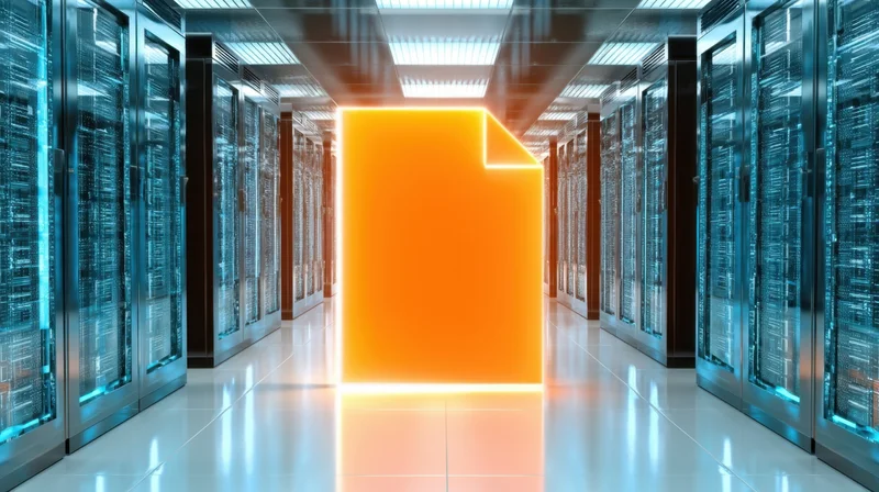Glowing orange file icon in a modern datacenter server corridor