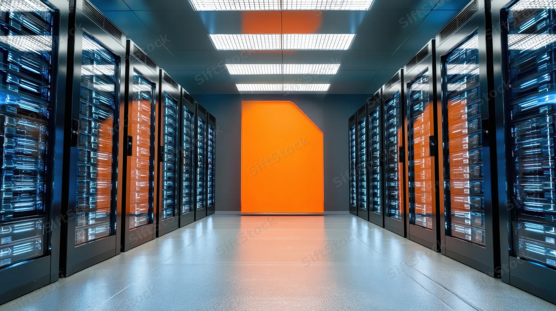 Server racks lined in a modern datacenter aisle with orange accent wall and blue lighting