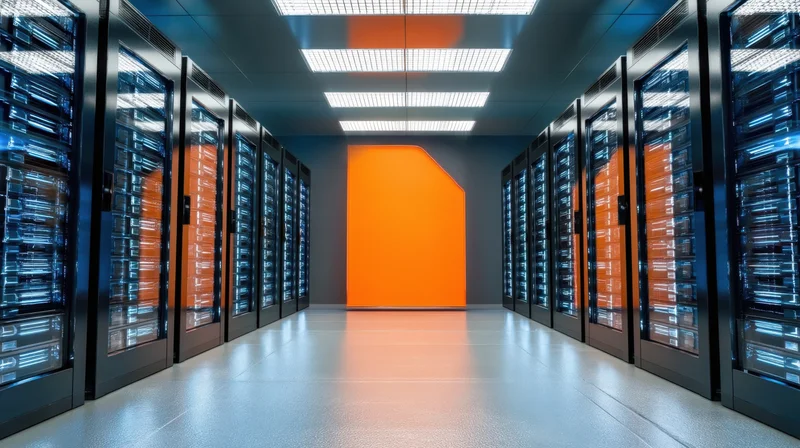 Server racks lined in a modern datacenter aisle with orange accent wall and blue lighting