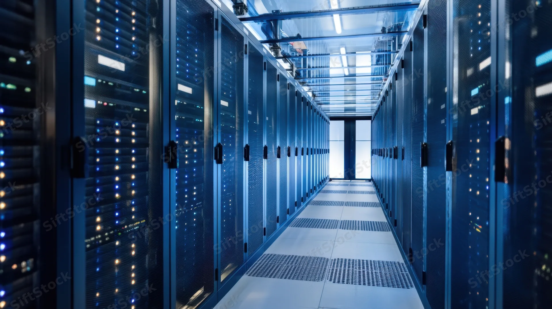 Long aisle between rows of server racks in a modern datacenter