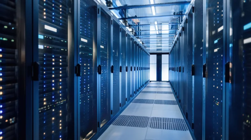 Long aisle between rows of server racks in a modern datacenter