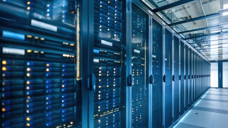 Rows of server racks with glowing blue lights in a modern datacenter interior