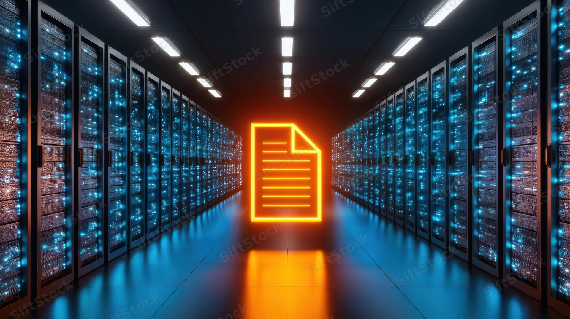 Glowing document icon in a server room corridor lined with illuminated server racks