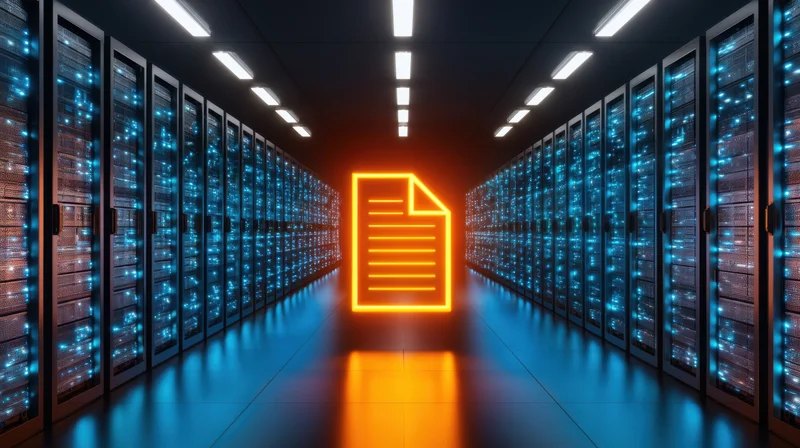 Glowing document icon in a server room corridor lined with illuminated server racks