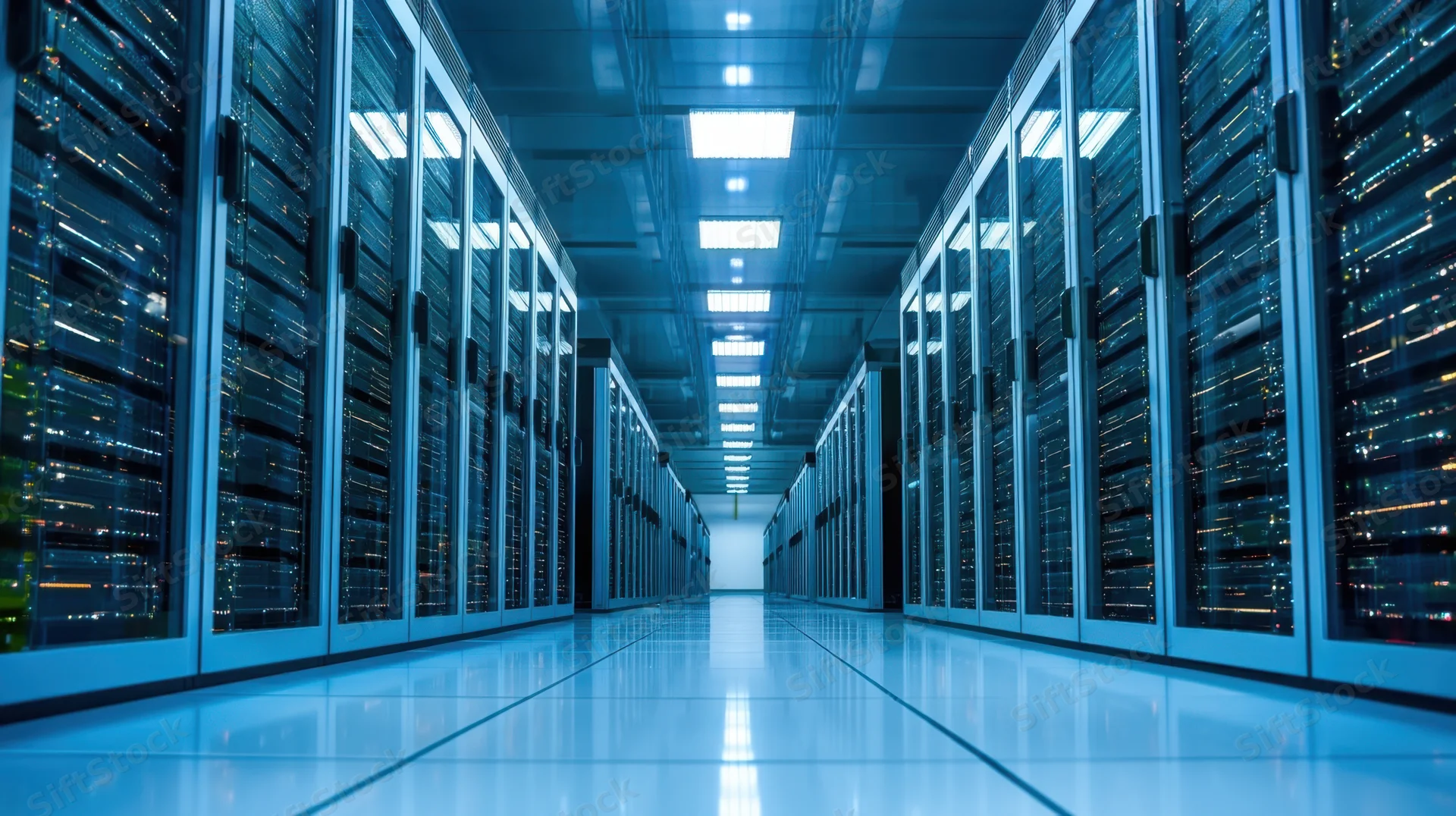 Rows of server racks in a modern datacenter aisle with blue lighting and reflective floor