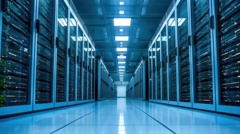 Rows of server racks in a modern datacenter aisle with blue lighting and reflective floor