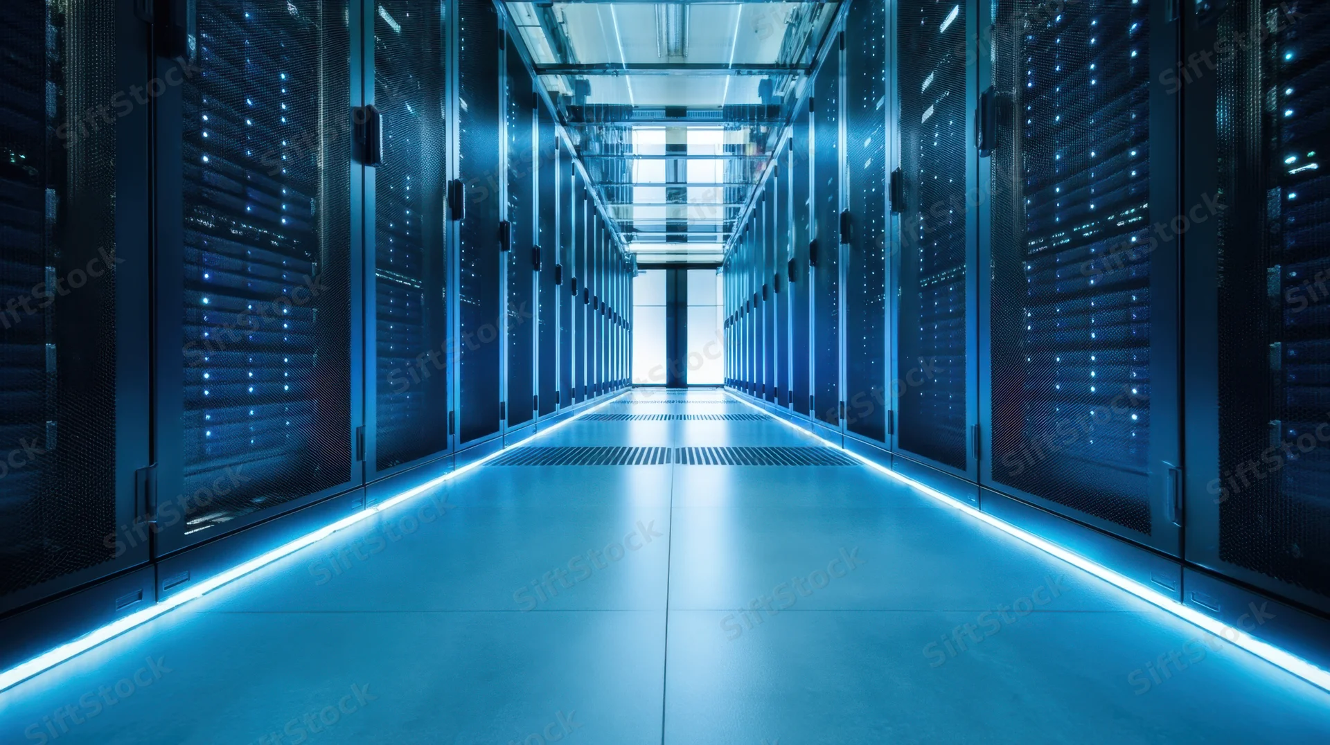 Long corridor between rows of server racks in a modern datacenter with blue led lighting along the floor and ceiling