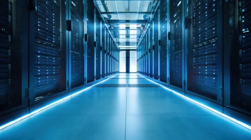 Long corridor between rows of server racks in a modern datacenter with blue led lighting along the floor and ceiling