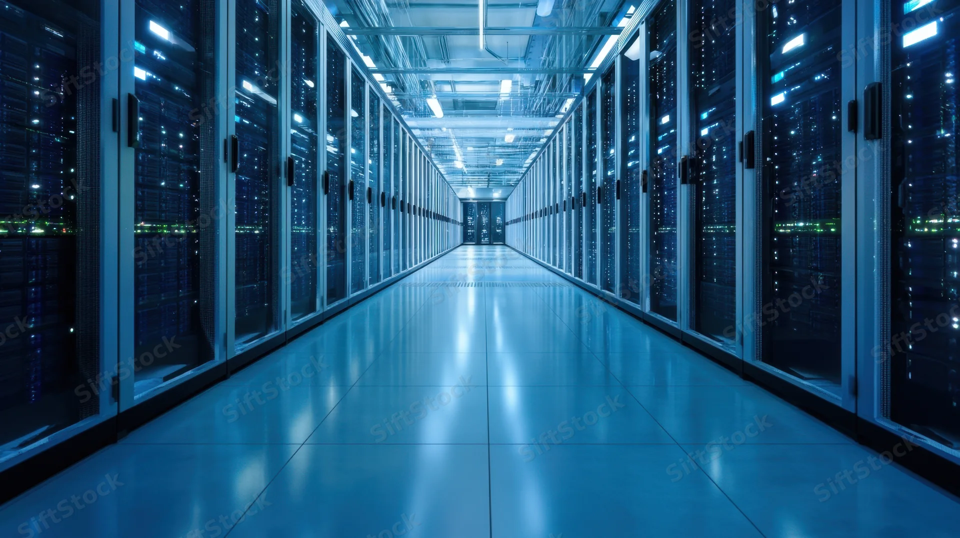 Long aisle between rows of server racks in a modern datacenter