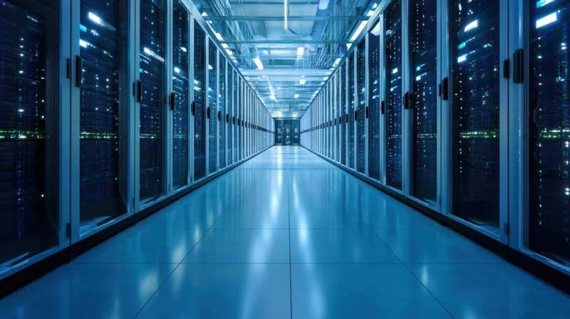 Long aisle between rows of server racks in a modern datacenter