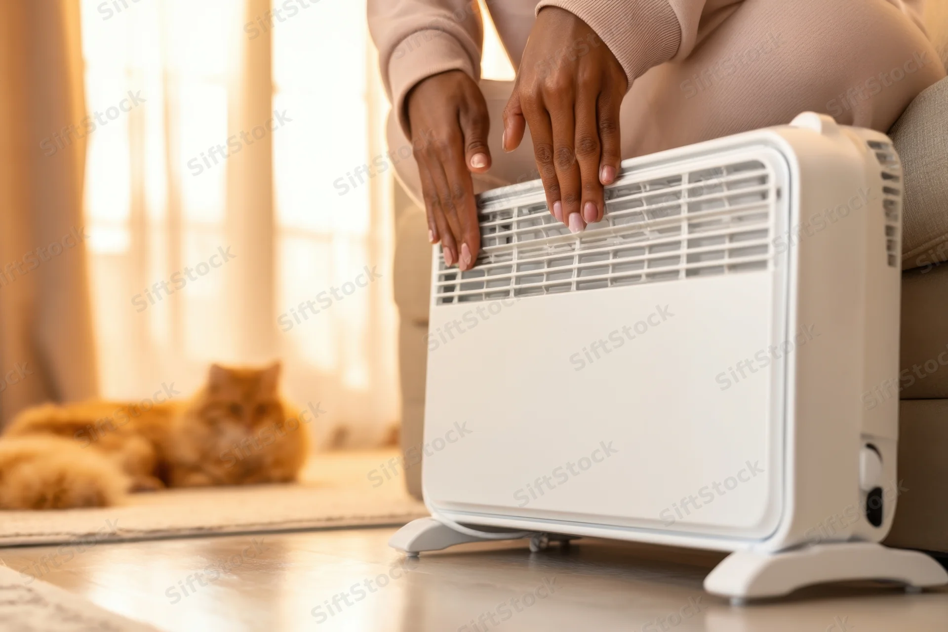 Woman adjusting a white electric heater on the floor in a living room with a cat resting nearby