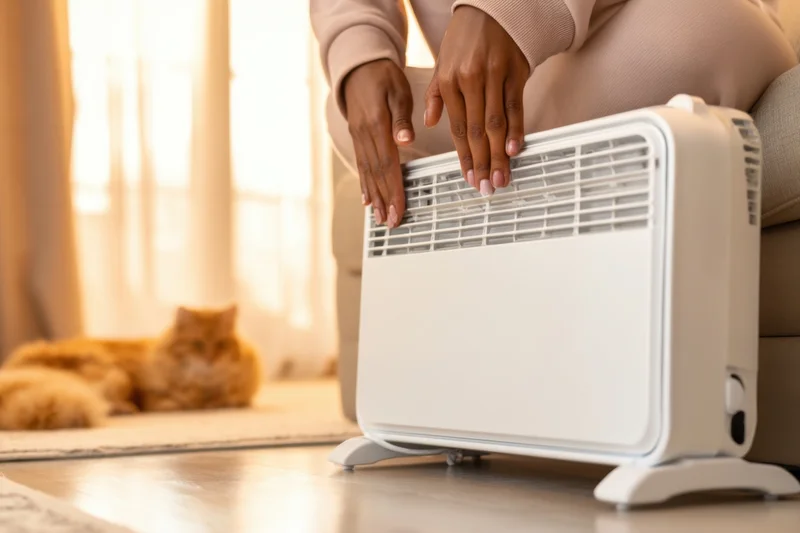 Woman adjusting a white electric heater on the floor in a living room with a cat resting nearby