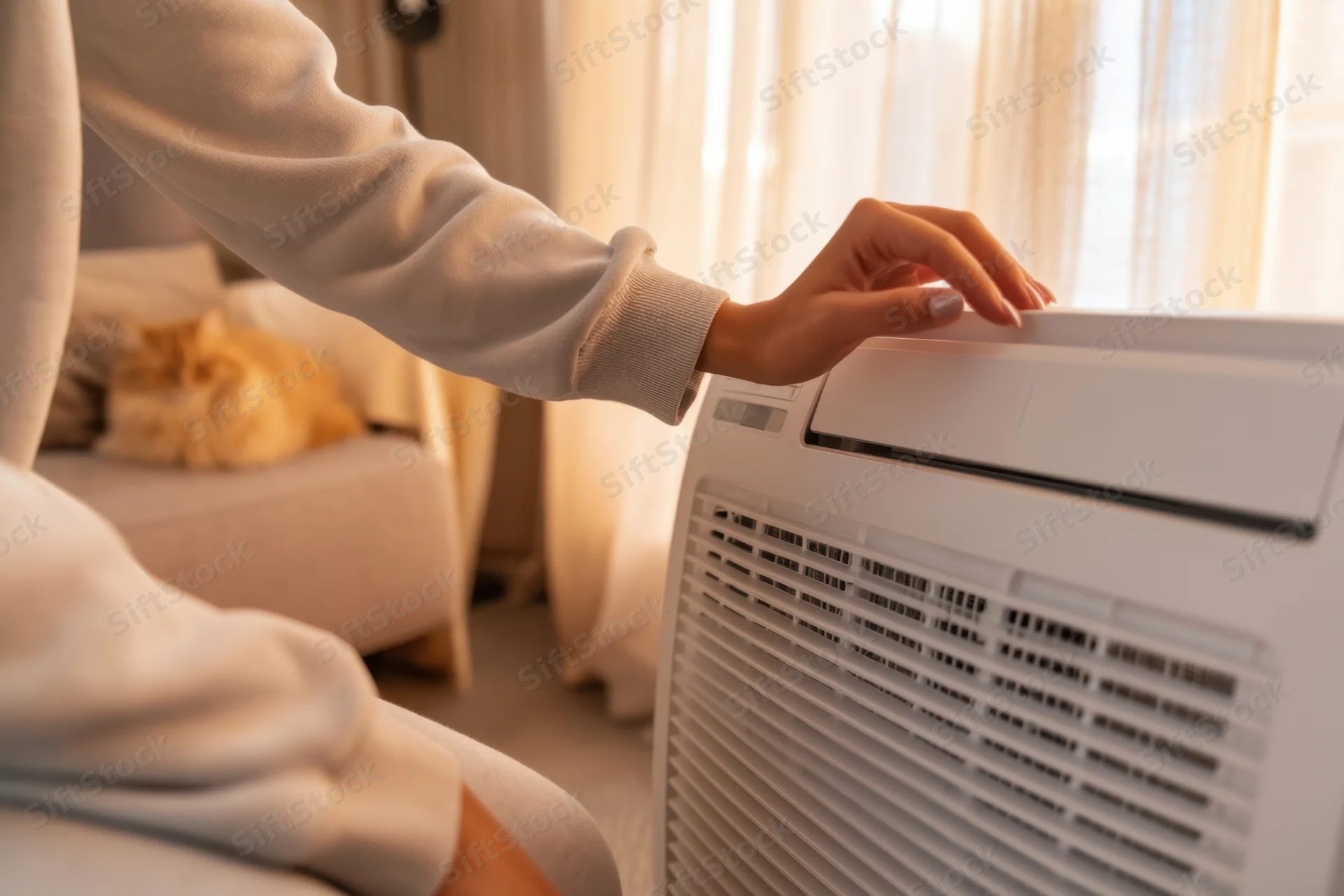 Woman adjusting a white air conditioner in a cozy living room with a cat resting on the couch nearby