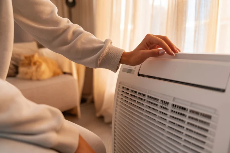 Woman adjusting a white air conditioner in a cozy living room with a cat resting on the couch nearby