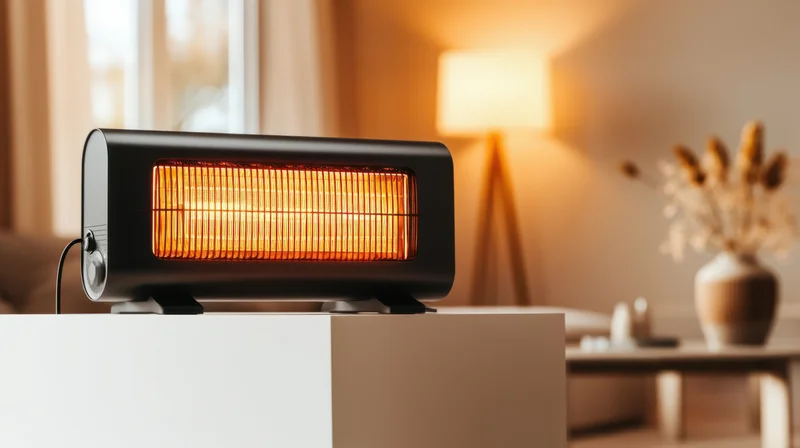 Modern electric heater glowing on a table in a cozy living room