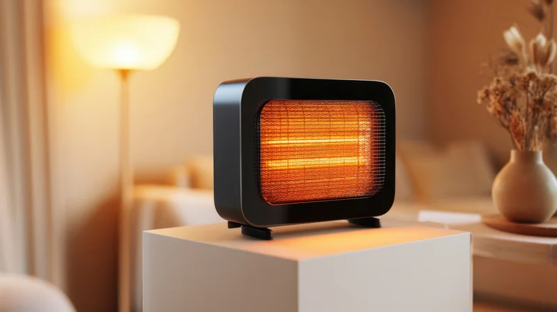 Modern electric heater glowing on a white pedestal in a cozy living room