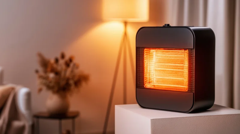 Modern electric heater glowing orange on a white stand in a cozy living room