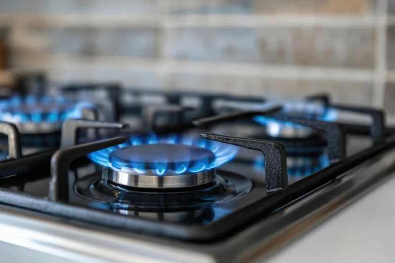 Modern gas stove with blue flames burning on a kitchen countertop