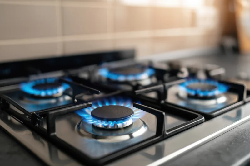 Modern gas stove with blue flames burning on stainless steel cooktop in kitchen