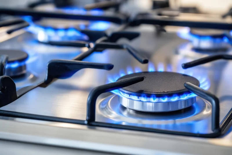 Closeup of blue flames burning on a modern stainless steel gas stove cooktop