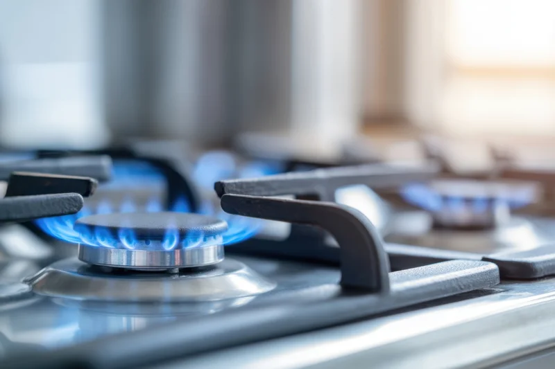 Close-up of a modern gas stove with blue flames burning on stainless steel burners in a kitchen