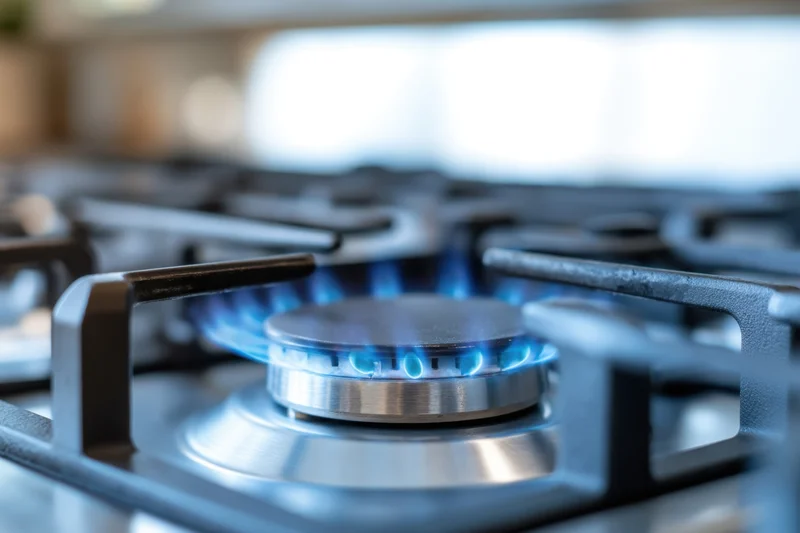 Close-up of a lit gas stove burner with blue flame in a modern kitchen