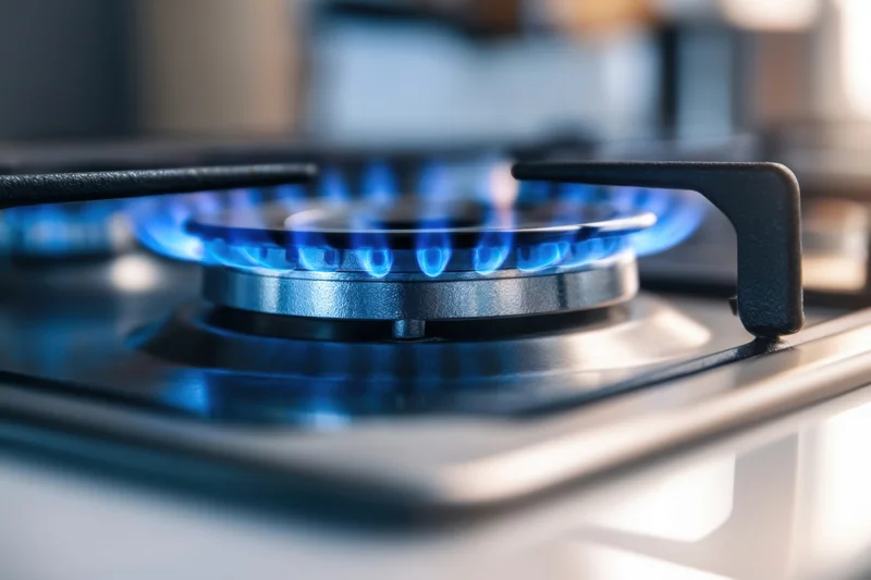 Close-up of a lit gas stove burner with blue flame on a modern cooktop