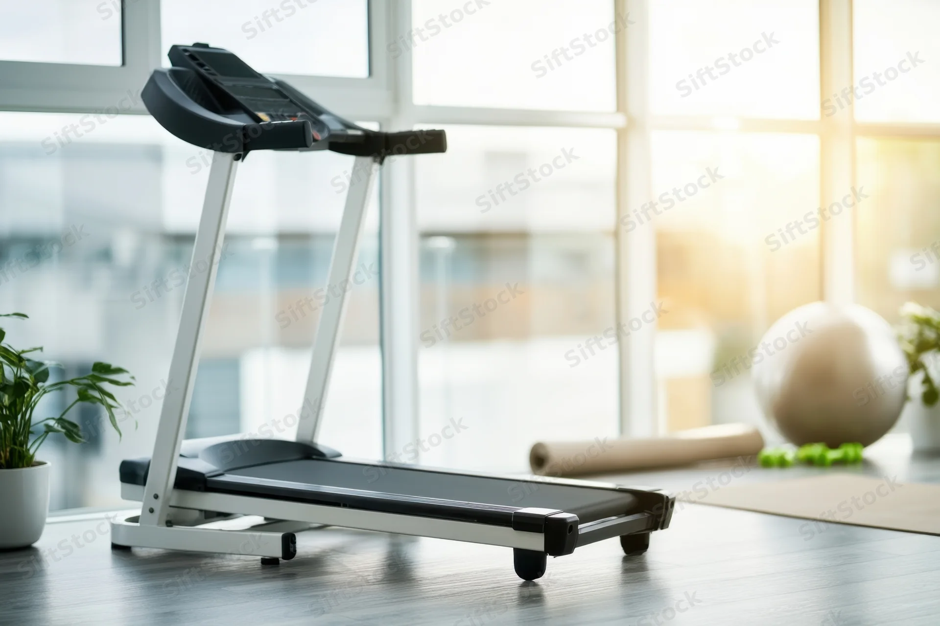 Modern treadmill positioned in a bright home gym with exercise equipment and natural light from large windows