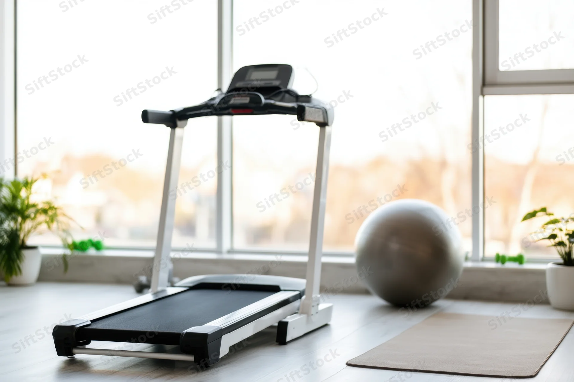 Treadmill in a modern home gym setup by a window with exercise ball and yoga mat