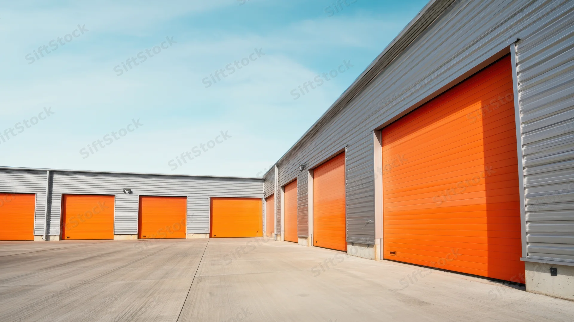 Row of orange rollup doors on modern self storage units under blue sky