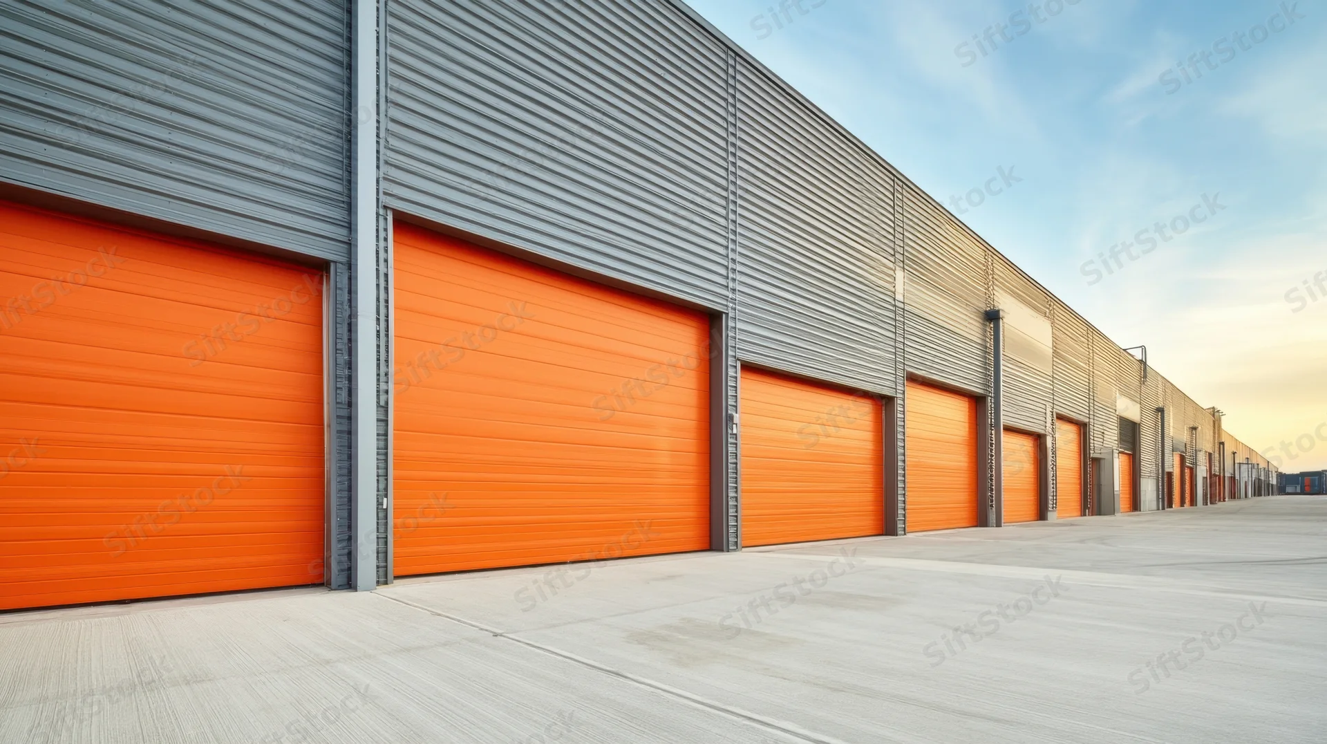 Row of modern self-storage units with orange doors along a concrete driveway under a blue sky at dusk
