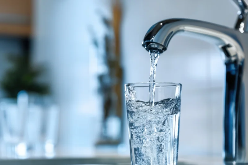 Water pouring from a chrome faucet into a clear glass in a modern kitchen