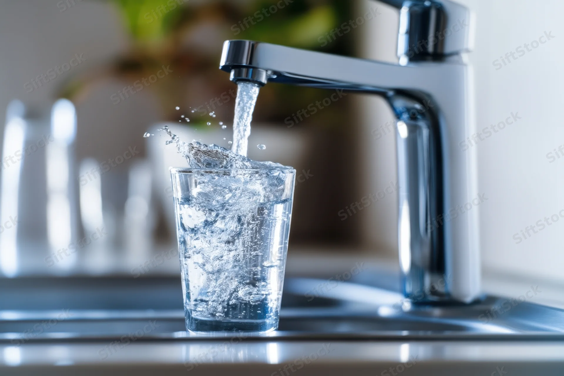 Water flowing from a modern faucet into a clear glass on a kitchen sink