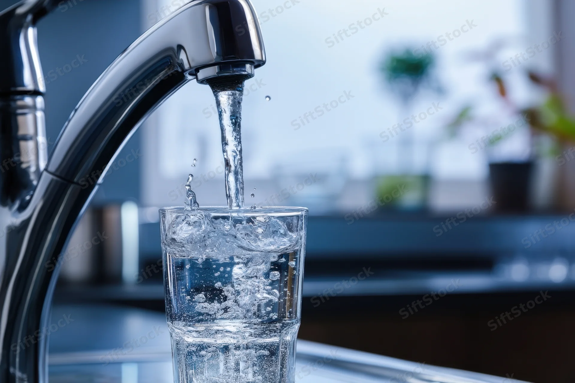 Water flowing from a chrome faucet into a clear glass on a kitchen countertop