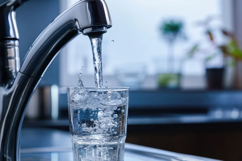 Water flowing from a chrome faucet into a clear glass on a kitchen countertop