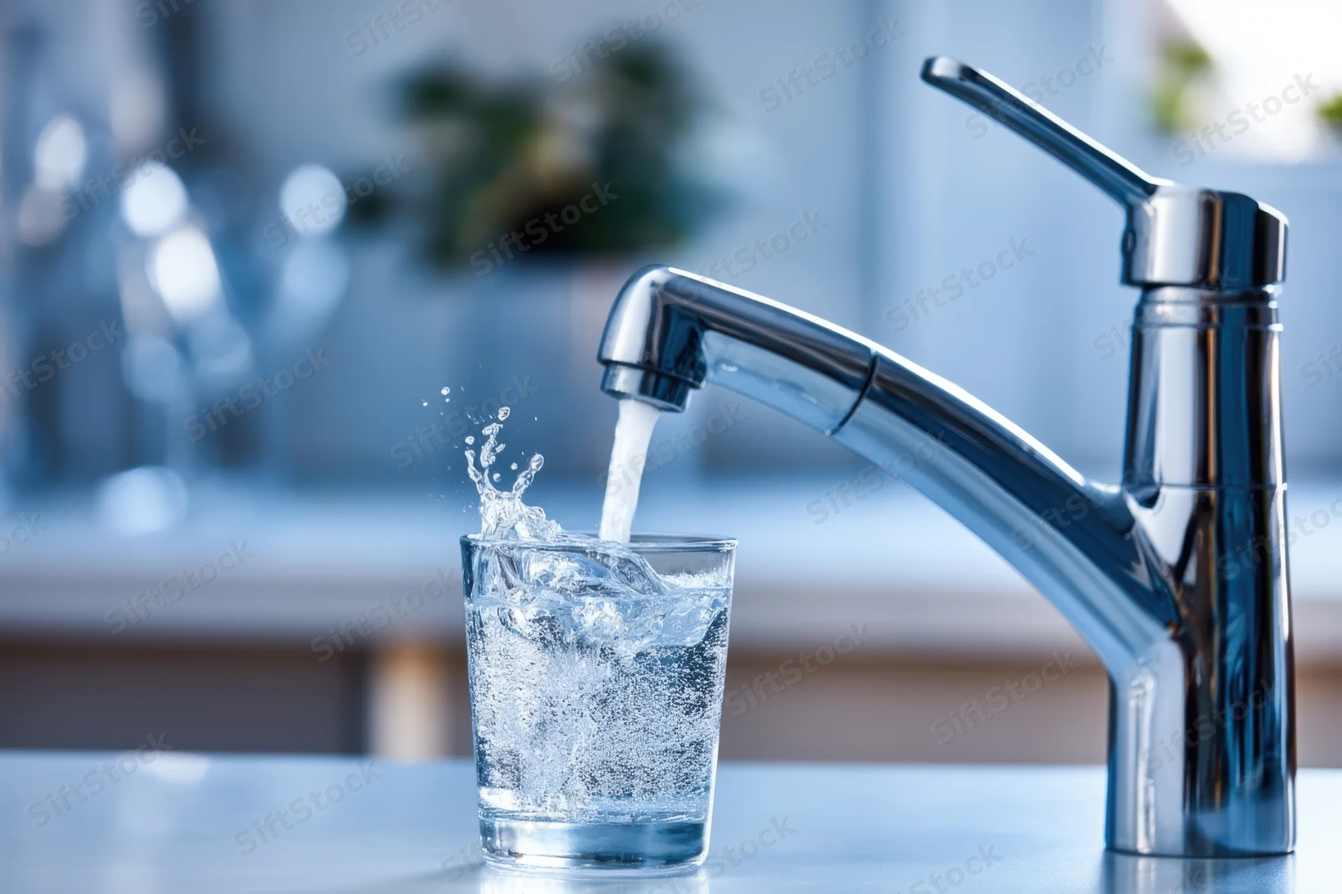 Water flowing from a chrome faucet into a clear glass on a kitchen countertop