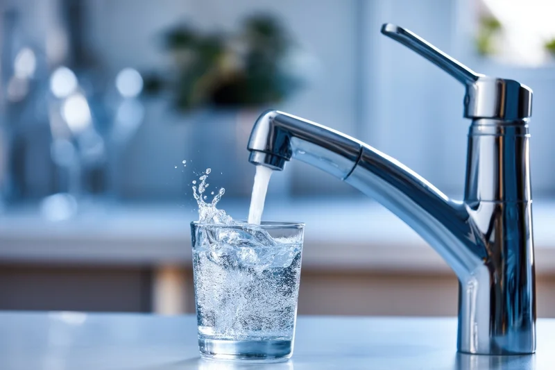 Water flowing from a chrome faucet into a clear glass on a kitchen countertop