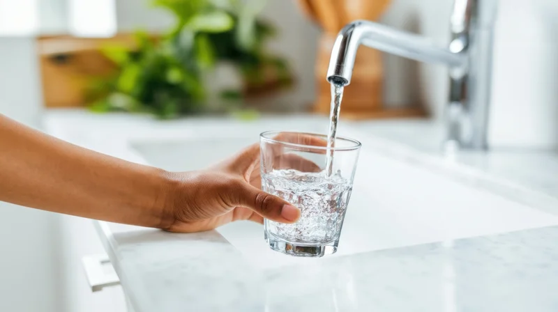 Woman filling a glass with water from a kitchen faucet