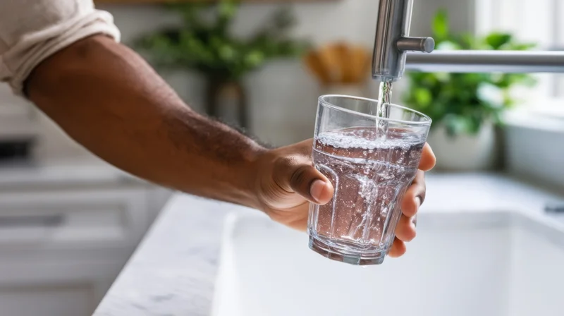 Man pouring water from a kitchen faucet into a glass in a modern home kitchen