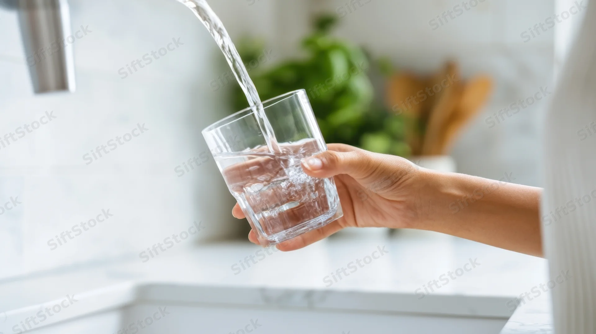 Woman pouring water from a kitchen tap into a glass in a modern home kitchen