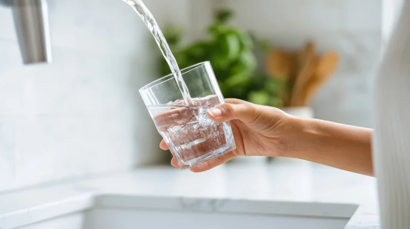 Woman pouring water from a kitchen tap into a glass in a modern home kitchen