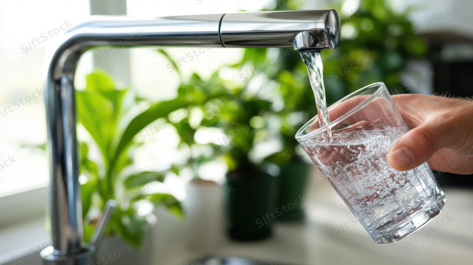Hand holding a glass under a running kitchen faucet filling it with water