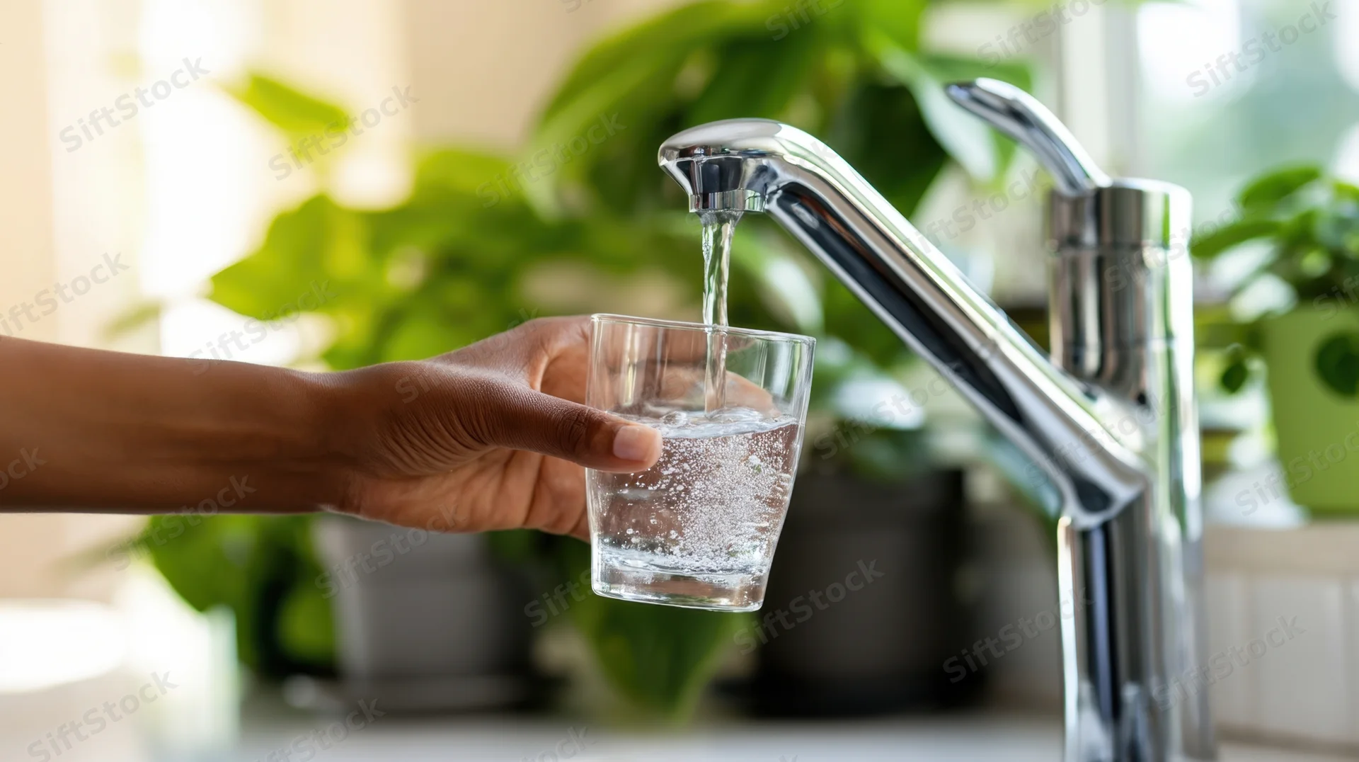 Hand holding a glass under a running kitchen faucet filling it with water